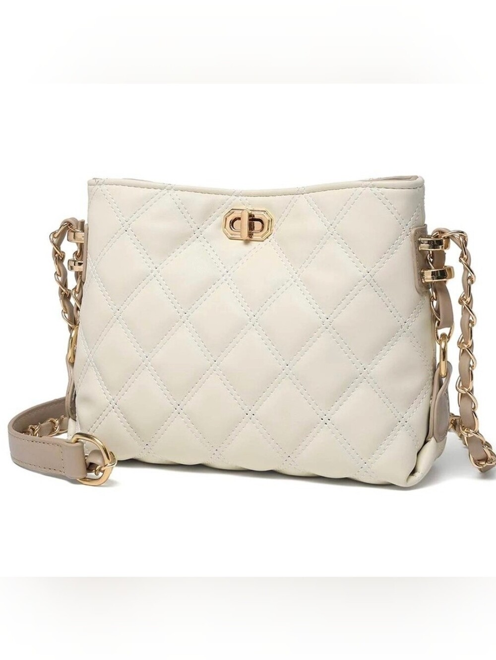 Quilted Cream Crossbody Bag with Gold Chain Hardware